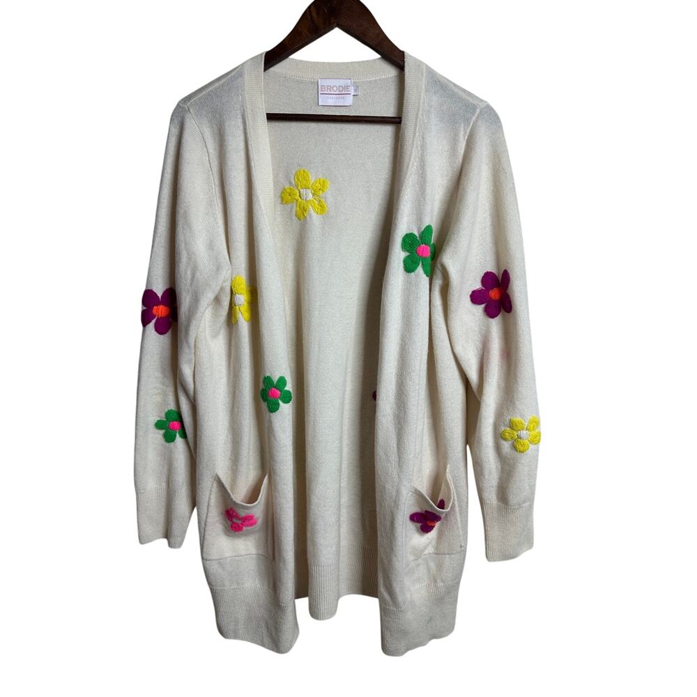Brodie Cashmere Embroidered Cardigan size M Long Open Floral Cream Ivory